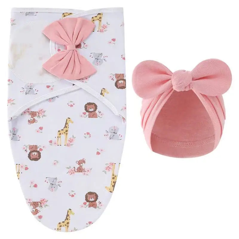 Baby Blanket Hat Set Cartoon Printed Cotton Newborn Swaddle Adjustable Infant Sleeping Swaddle Wraps All Seasons 0-6 Months