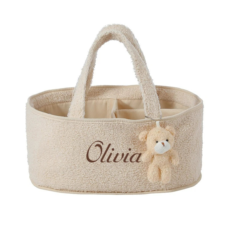 Customized Name Baby Diaper Bags Storage Basket with Bear Pendant Nursery Organizer Basket Storage for Baby Stuff Mom Nappy Bag